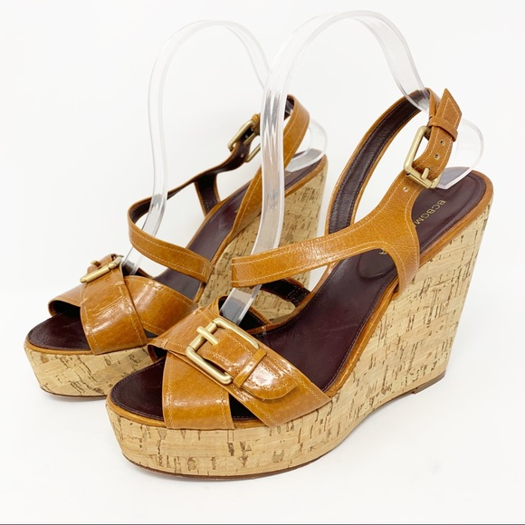 BCBGMaxAzria Shoes - BCBG Tan Leather Cork Wedges Size 8.5
